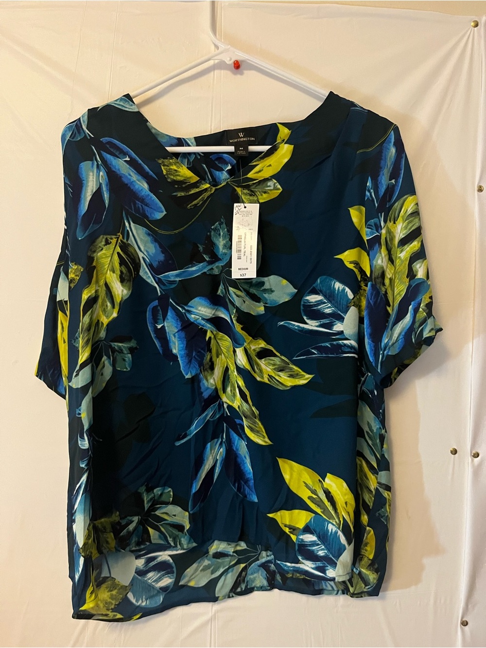 W by Worth Teal Botanical-Print Short Sleeve Blouse